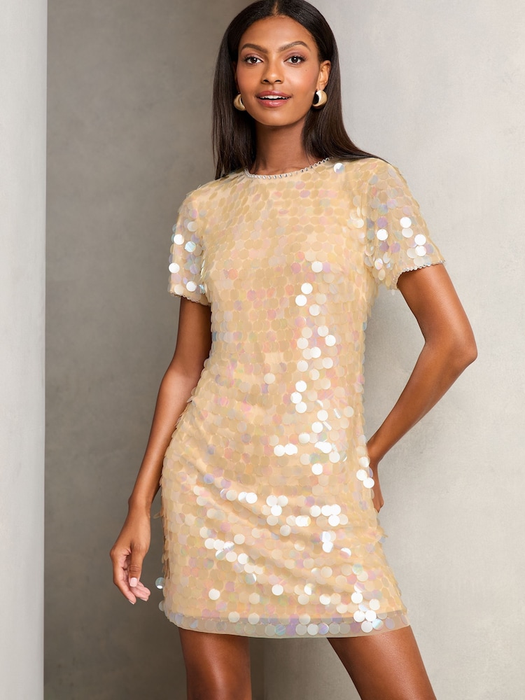Lipsy Cream Sequin Premium Sequin T Shirt Mini Dress - Image 1 of 4