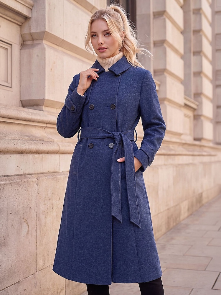 Roman Blue Petite Double Breasted Trench Coat - Image 1 of 4 Roman Blue Petite Double Breasted Trench Coat - Image 1 of 4
