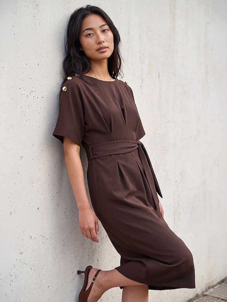 Roman Brown Petite Tie Waist Dress - Image 1 of 4 Roman Brown Petite Tie Waist Dress - Image 1 of 4