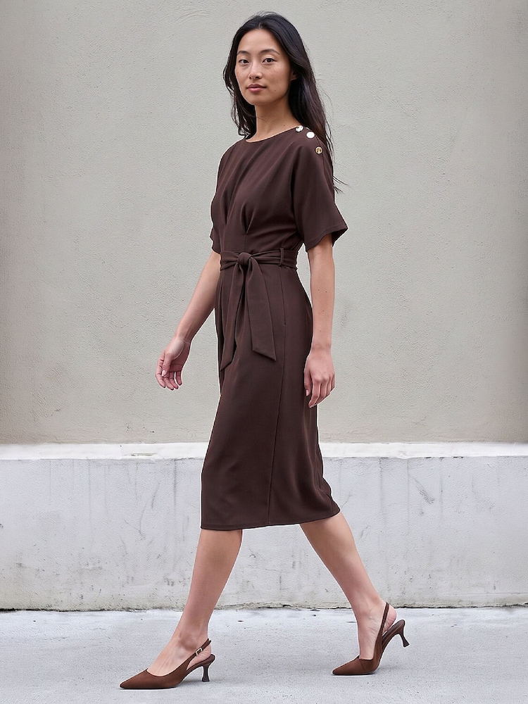Roman Brown Petite Tie Waist Dress - Image 2 of 4 Roman Brown Petite Tie Waist Dress - Image 2 of 4