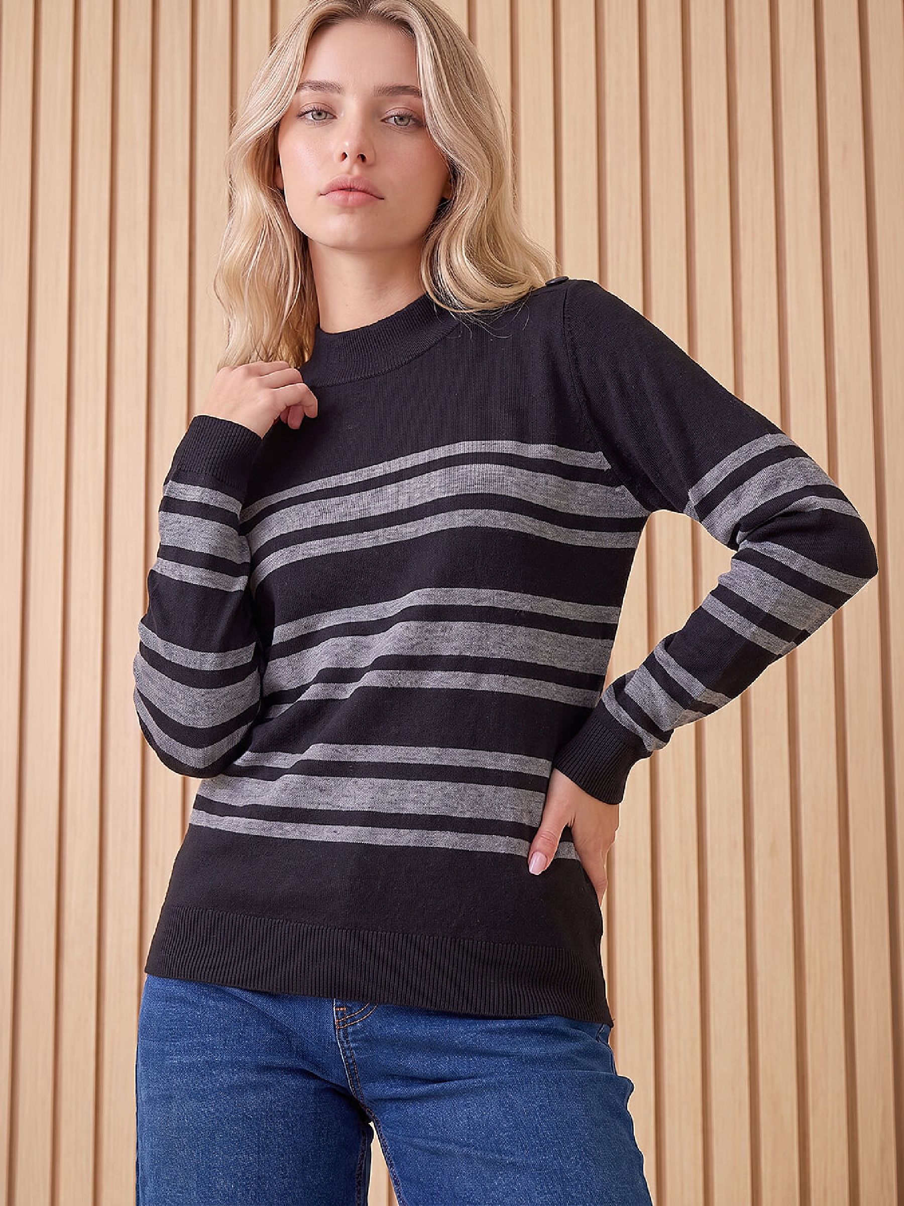 Roman Petite Women's Black Button Stripe Jumper Size 16 - Image 2