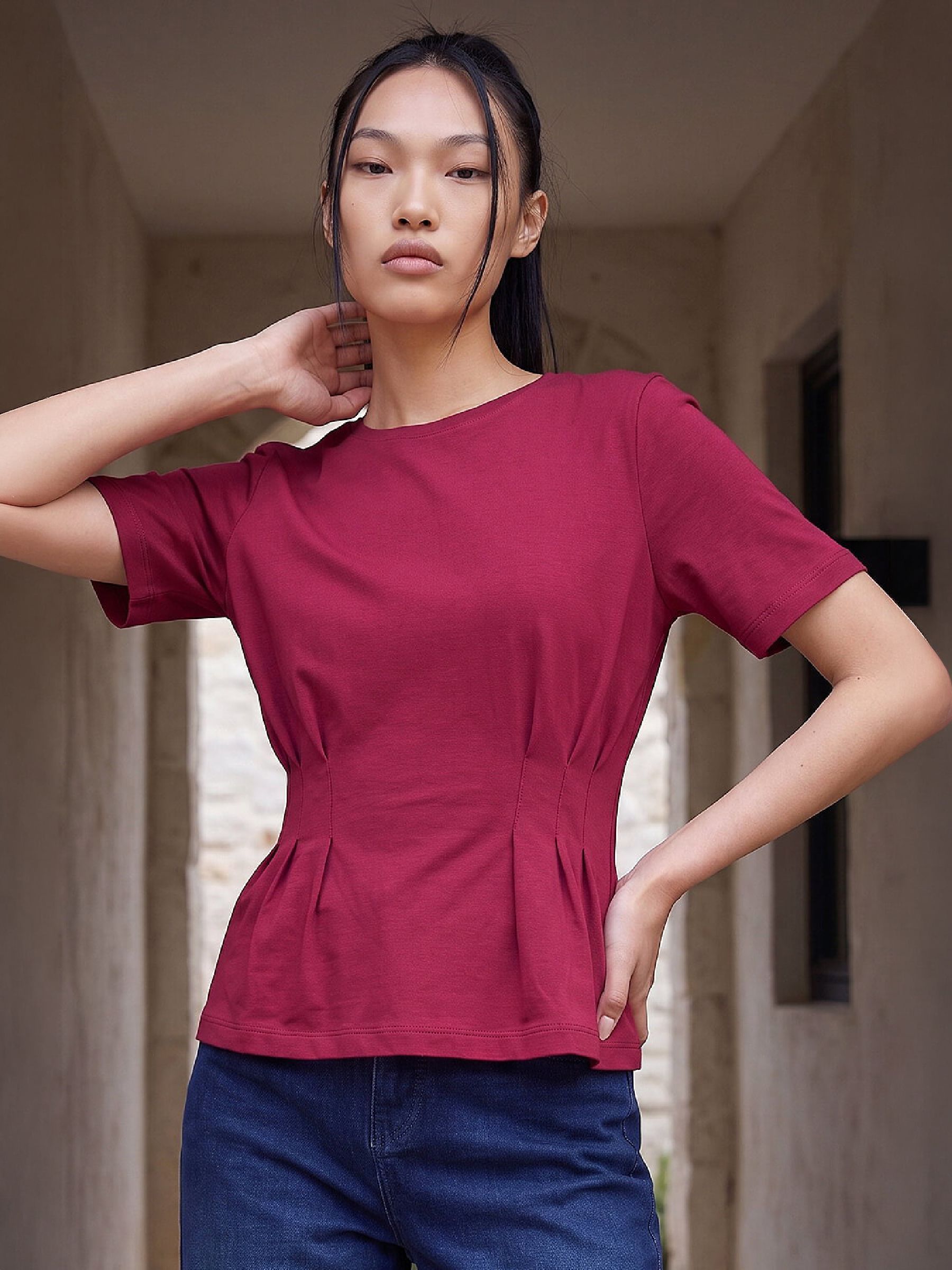 Dusk Women's Wine Pintuck Stretch T-Shirt In | Size: 18 - Image 4