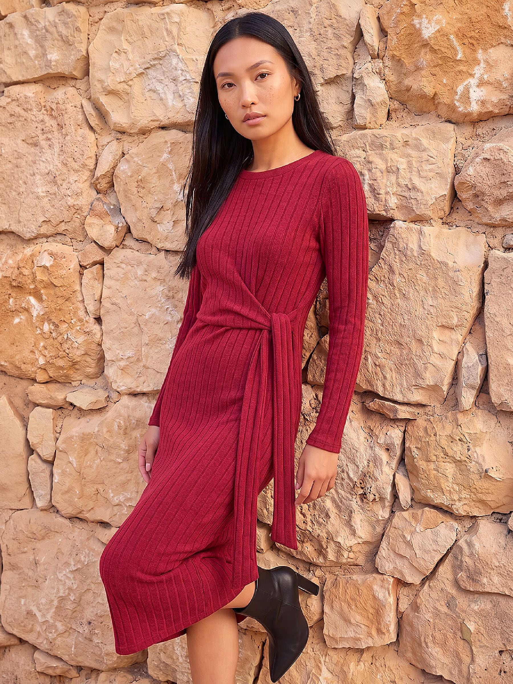 Roman Women's Wine Textured Tie Side Midi Dress Size 20 - Image 2