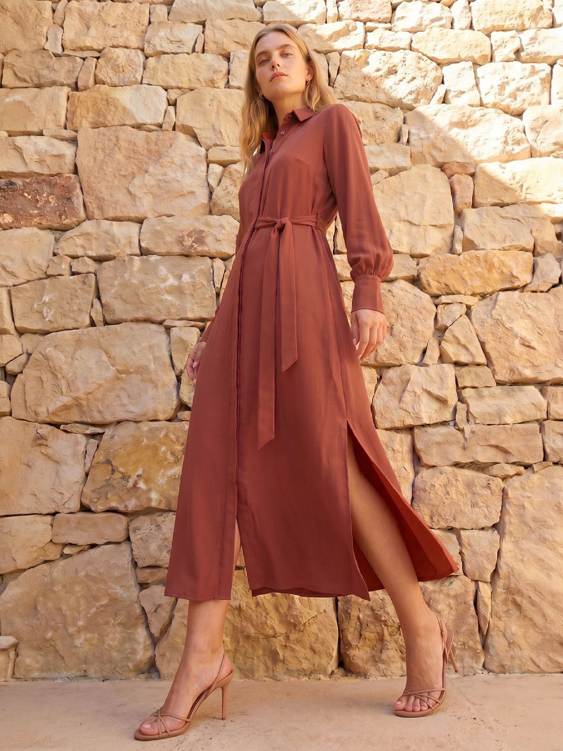 Roman Women's Copper Tie Waist Buttoned Shirt Dress In | Size: 20 - Image 2