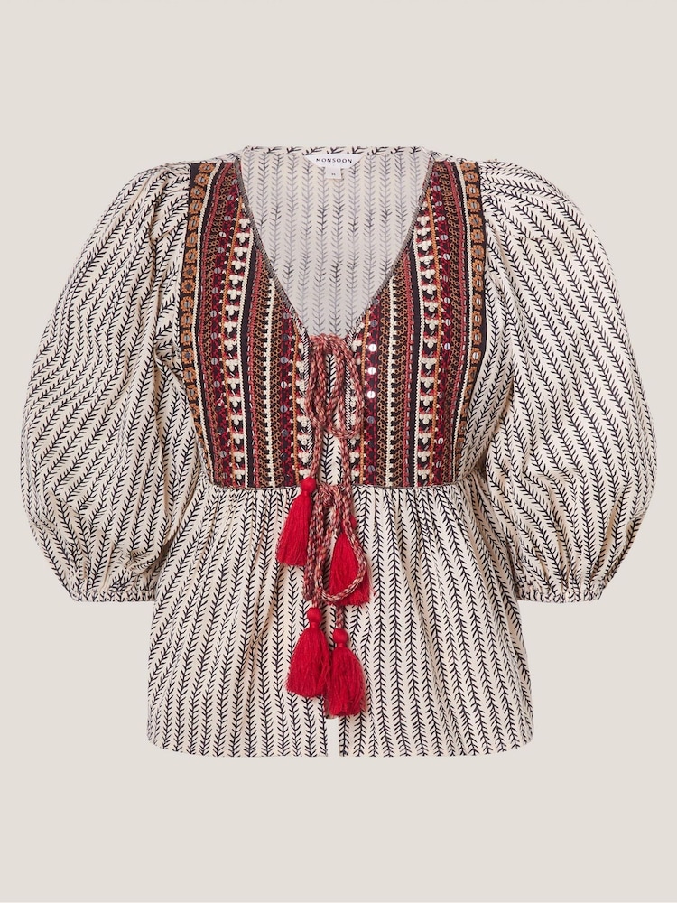 Monsoon Cream Laila Embellished Print Blouse - Image 1 of 1 Monsoon Cream Laila Embellished Print Blouse - Image 1 of 1