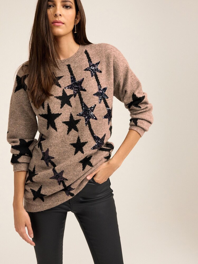 Brown Longline Sequin Star Jumper - Image 1 of 6