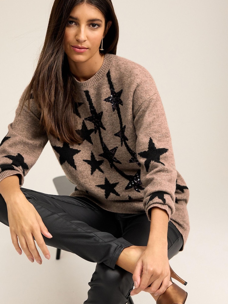 Brown Longline Sequin Star Jumper - Image 2 of 6