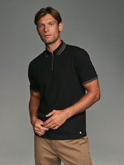 Black Gold Tipped Short Sleeve Textured Quarter Zip Polo Shirts - Image 1 of 1