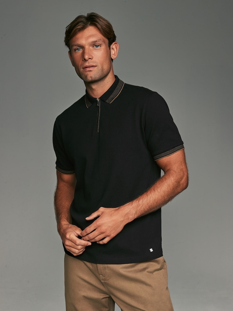 Black Gold Tipped Short Sleeve Textured Quarter Zip Polo Shirts - Image 1 of 1