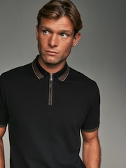 Black Gold Tipped Short Sleeve Textured Quarter Zip Polo Shirts - Image 3 of 7