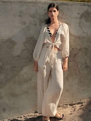 Natural 100% Linen Premium Wide Leg Trousers - Image 1 of 8