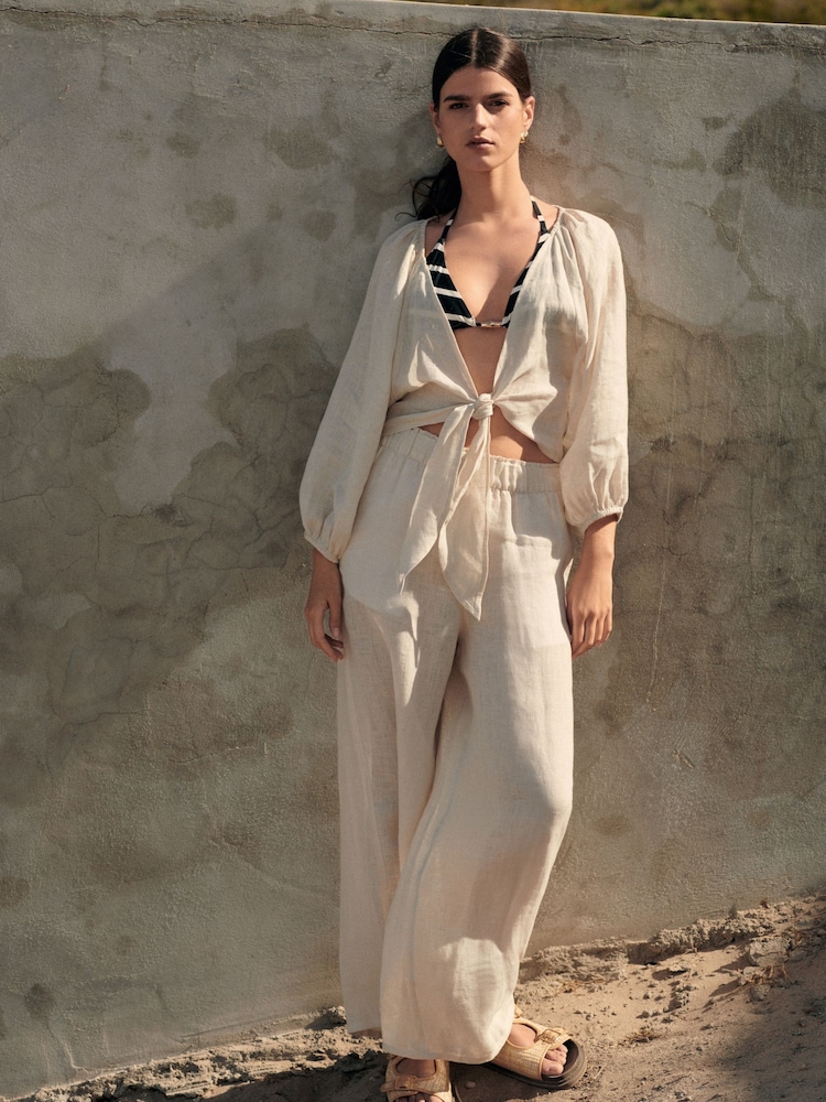 Natural 100% Linen Premium Wide Leg Trousers - Image 1 of 8