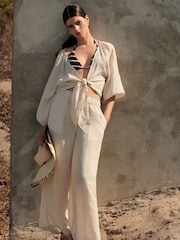 Natural 100% Linen Premium Wide Leg Trousers - Image 4 of 8