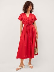 Monsoon Red Riviera Pleated Tie Waist Midi Dress - Image 1 of 4
