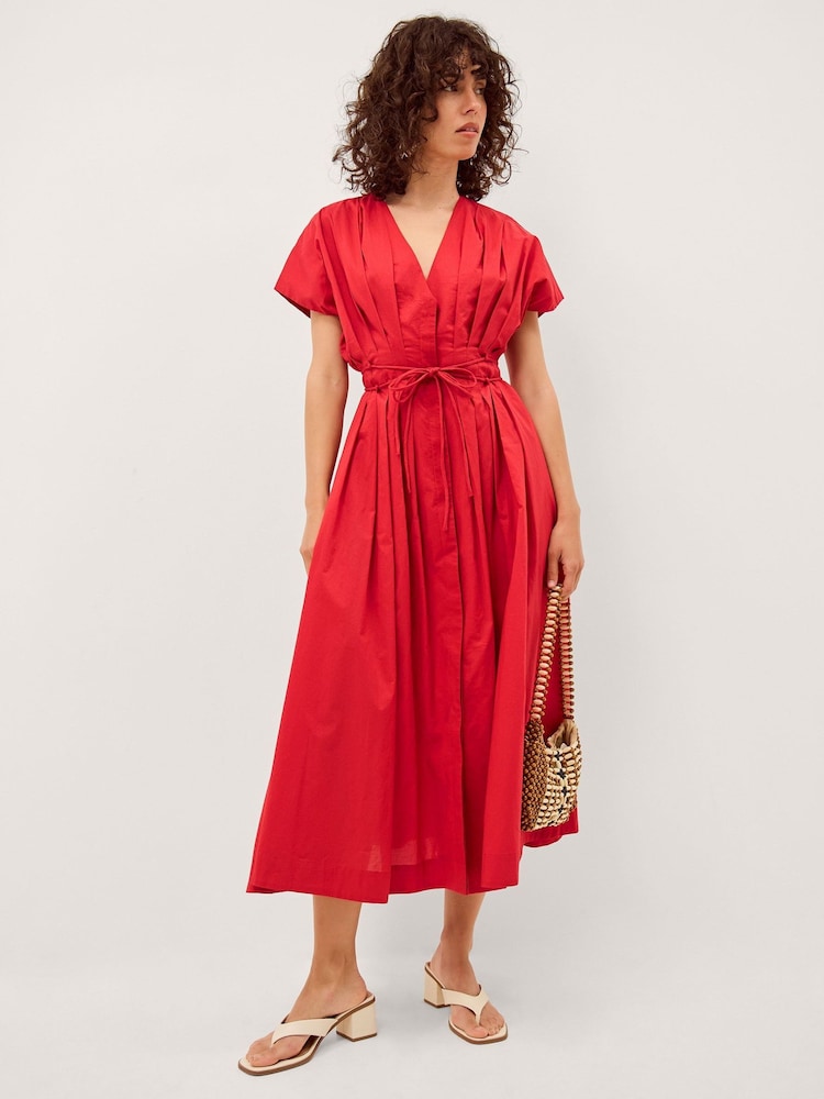 Monsoon Red Riviera Pleated Tie Waist Midi Dress - Image 1 of 4