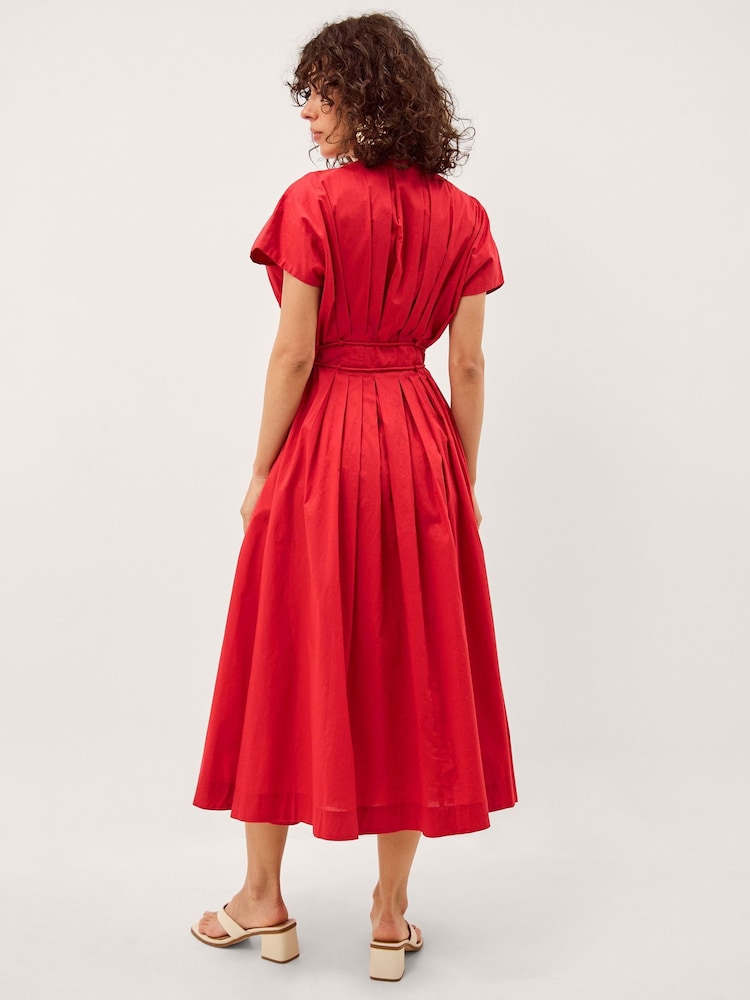 Monsoon Red Riviera Pleated Tie Waist Midi Dress - Image 2 of 4