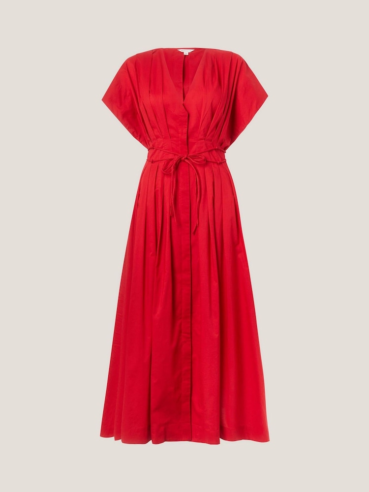 Monsoon Red Riviera Pleated Tie Waist Midi Dress - Image 4 of 4