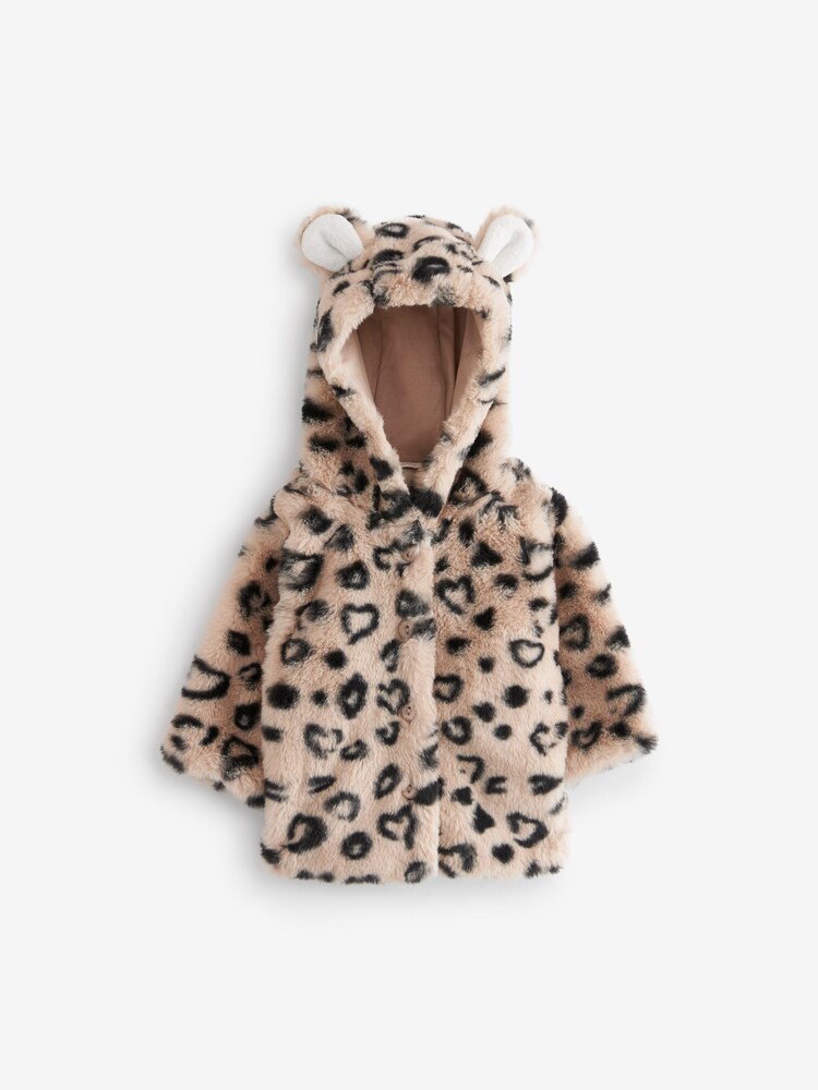 Rjava/črna z leopardjim potiskom - s kapuco Ears Cosy Button-Up dojenček jakna; suknjič (0mesecev-2yrs) - Slika 1 iz 4