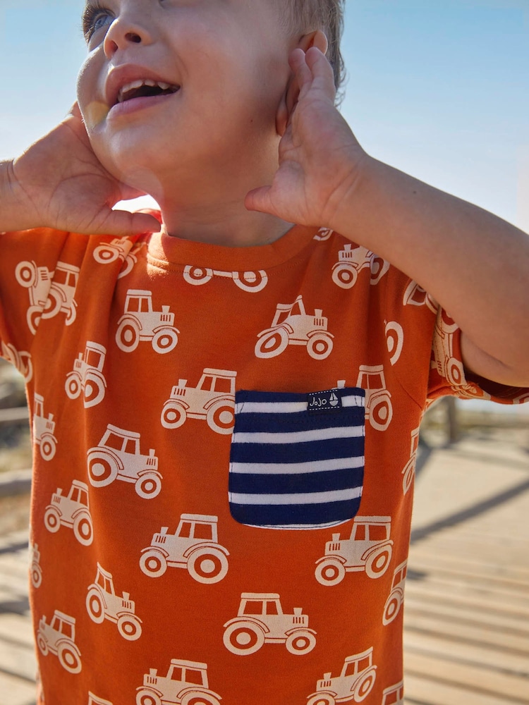 JoJo Maman Bébé Rust Tractor Print Pocket T-Shirt - Image 4 of 4