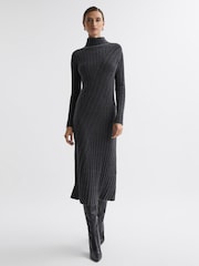 Reiss Charcoal Cady Petite Knitted Roll Neck Midi Dress - Image 3 of 7