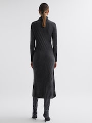 Reiss Charcoal Cady Petite Knitted Roll Neck Midi Dress - Image 6 of 7