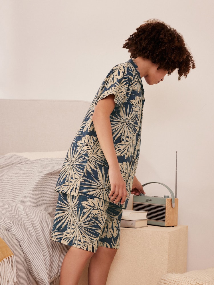 Navy/Stone Palm Tree Button Pyjamas 1 Pack (3-16yrs) - Image 2 of 7