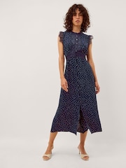 Monsoon Blue Cleo Lace Polka Dot Midi Dress - Image 1 of 3