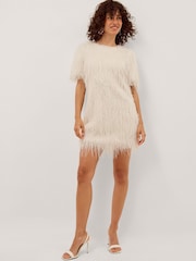 Monsoon Cream Tori Short Sleeve Fringe Mini Dress - Image 1 of 4