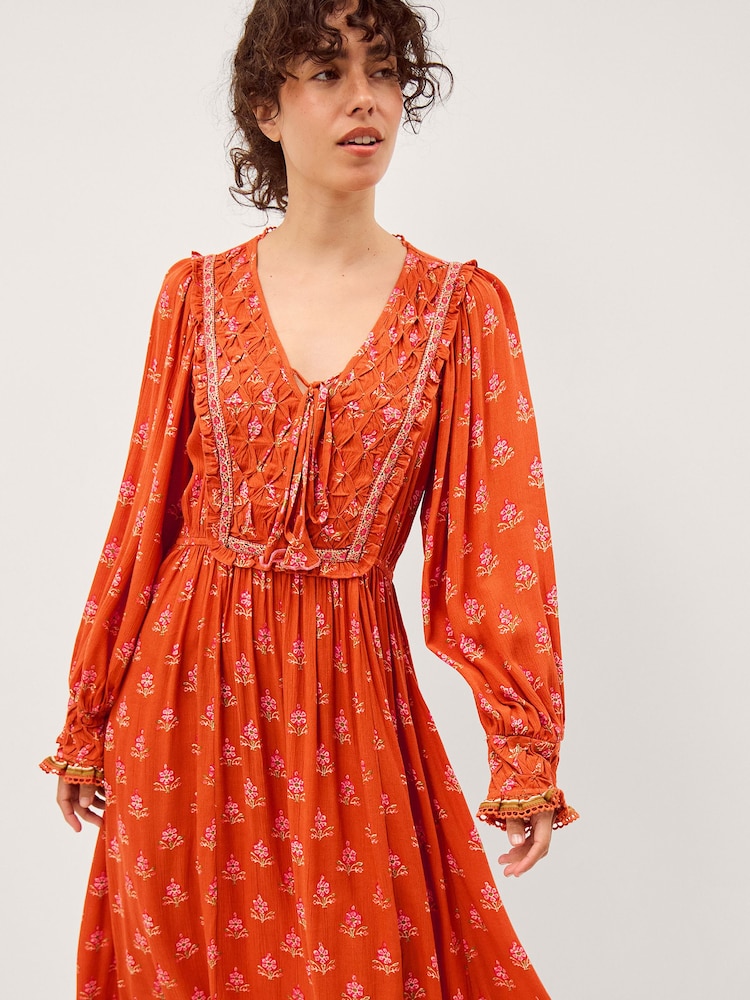 Monsoon Orange Amaya Print Long Sleeve Midi Dress - Image 1 of 5 Monsoon Orange Amaya Print Long Sleeve Midi Dress - Image 1 of 5