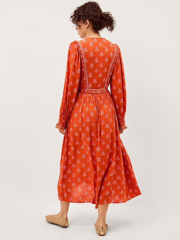 Monsoon Orange Amaya Print Long Sleeve Midi Dress - Image 2 of 5 Monsoon Orange Amaya Print Long Sleeve Midi Dress - Image 2 of 5