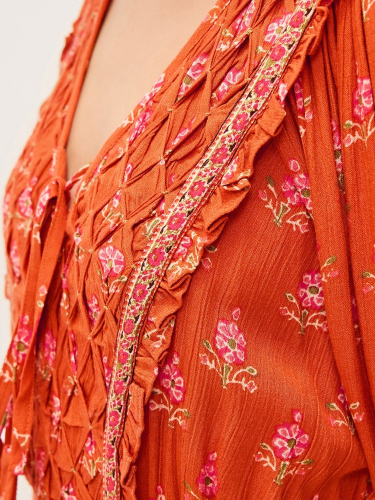 monsoon fusion orange dress Isabel Embellished Tiered Midi Dress in Recycled Polyester Orange