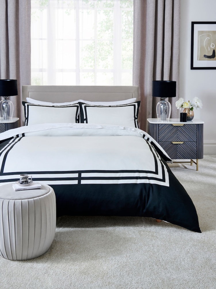 Black/White Luxe Border 200TC 100% Cotton Sateen Duvet Cover and Pillowcase Set - Image 1 of 4