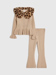 River Island Brown Leopard Collar Cardigan & Flared Leggings Set - Image 1 of 5