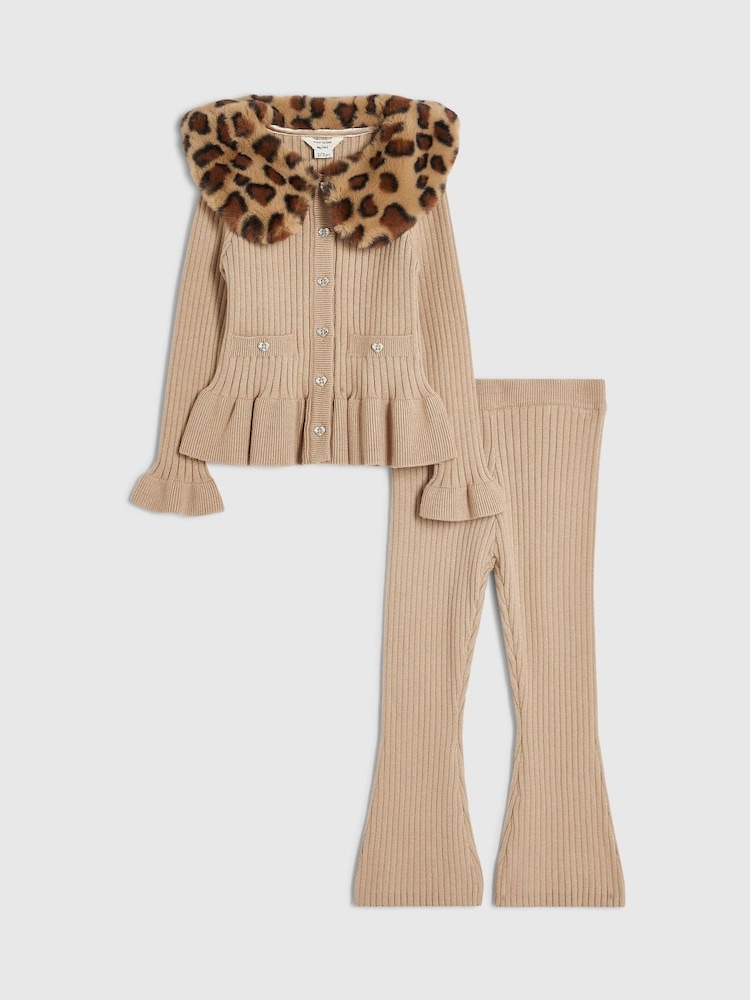 River Island Brown Leopard Collar Cardigan & Flared Leggings Set - Image 1 of 5
