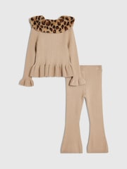 River Island Brown Leopard Collar Cardigan & Flared Leggings Set - Image 2 of 5