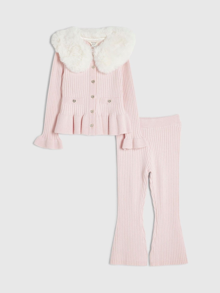 River Island Pink Collar Cardigan & Flared Leggings Set - Image 1 of 5
