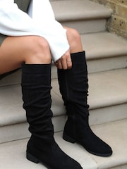 Linzi Black Ciara Faux Suede Flat Ruched Boots - Image 2 of 7