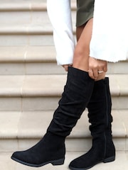 Linzi Black Ciara Faux Suede Flat Ruched Boots - Image 3 of 7