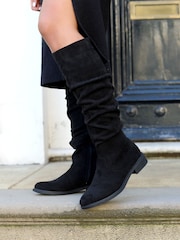 Linzi Black Ciara Faux Suede Flat Ruched Boots - Image 4 of 7