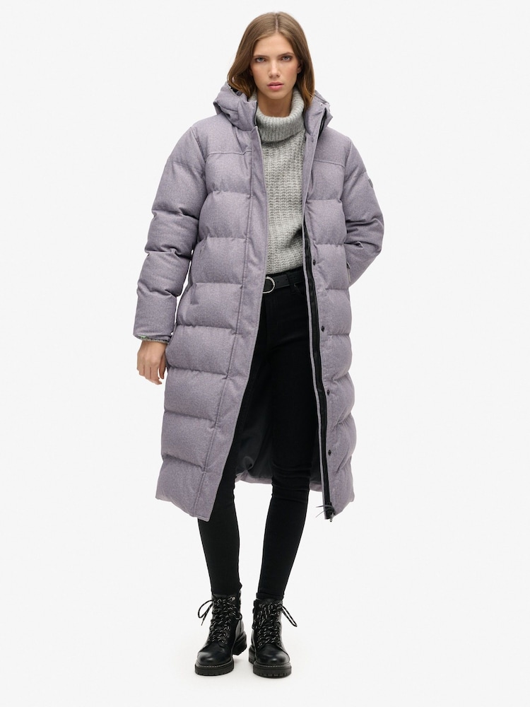 Superdry Grey Marl Tweed Longline Puffer Jacket - Image 1 of 7