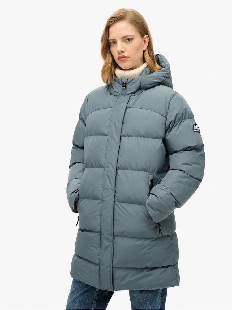 Superdry Stormy Weather Blue Hooded Sports Puffer Mid Jacket - Image 1 of 4