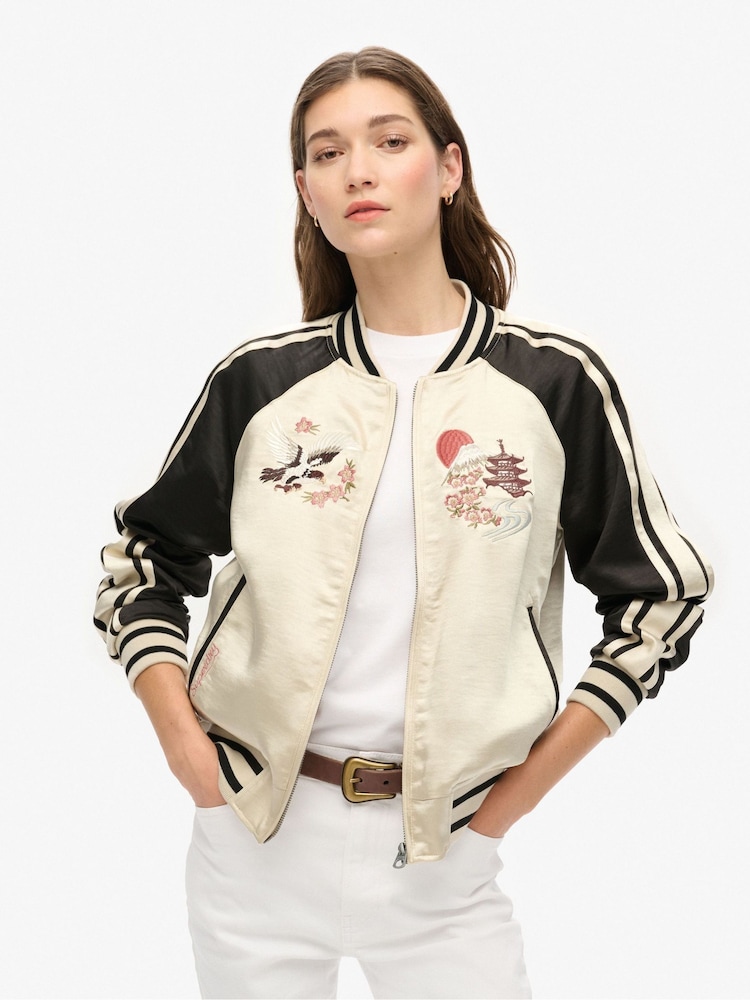 Superdry Sandshell Beige Suikajan Embroidered Bomber Jacket - Image 1 of 5