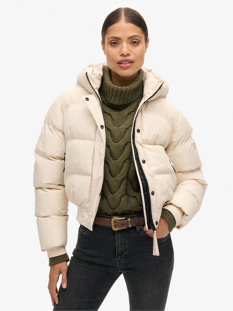 Superdry Off Grey Hooded Sports Puffer Bomber Jacket - Image 1 of 7
