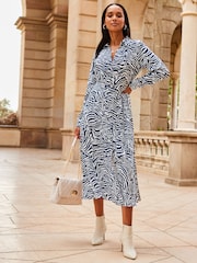 Sosandar Blue Zebra Print Belted Shirt Dress - Image 1 of 5