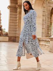 Sosandar Blue Zebra Print Belted Shirt Dress - Image 3 of 5