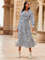 Sosandar Blue Zebra Print Belted Shirt Dress - Image 4 of 5