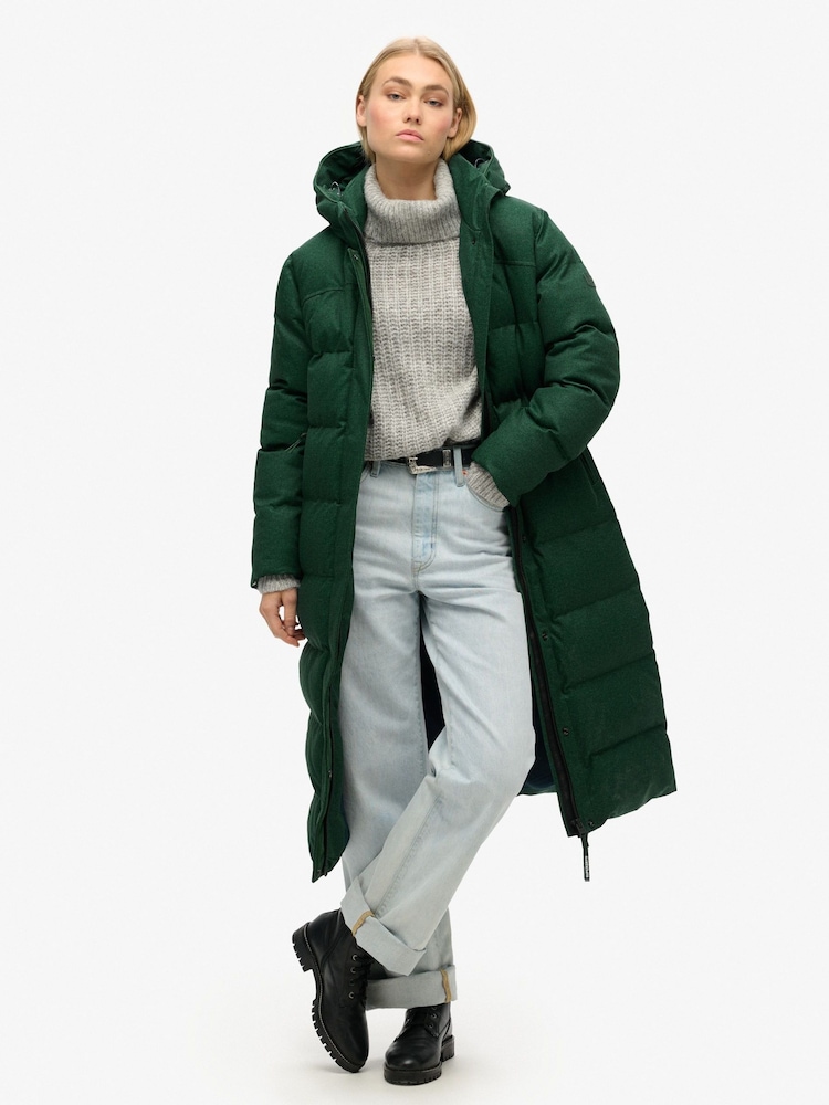 Superdry Enamel Green Tweed Longline Puffer Jacket - Image 1 of 6
