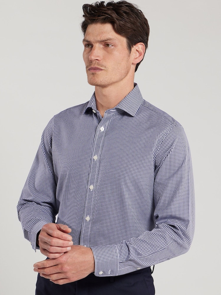 TM Lewin Blue Tailored Fit Non-Iron Regular Gingham Poplin Single Cuff Shirt - Image 2 of 8 TM Lewin Blue Tailored Fit Non-Iron Regular Gingham Poplin Single Cuff Shirt - Image 2 of 8