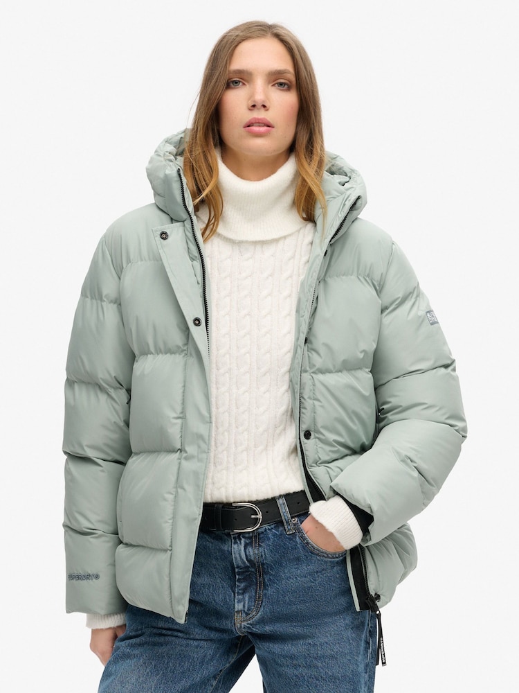 Superdry Puritan Grey Hooded 5 Baffle Sports Puffer Jacket - Image 1 of 5