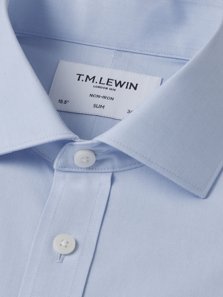 TM Lewin Blue Skinny Fit Non-Iron Regular Plain Poplin Double Cuff Shirt - Image 2 of 4